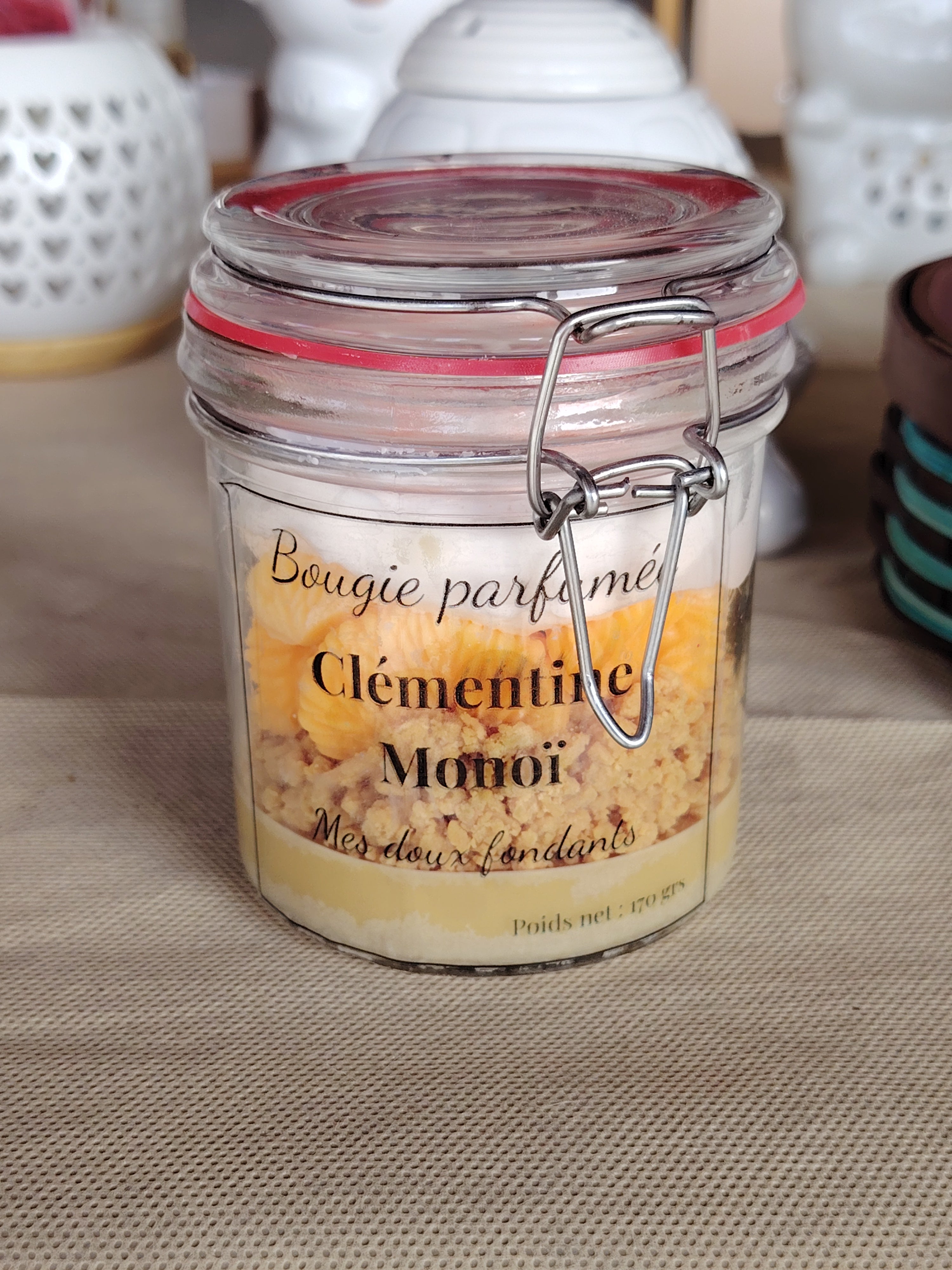 Bougie parfumée gourmande Clémentine Monoï en bocal en verre – Mes Doux Fondants
