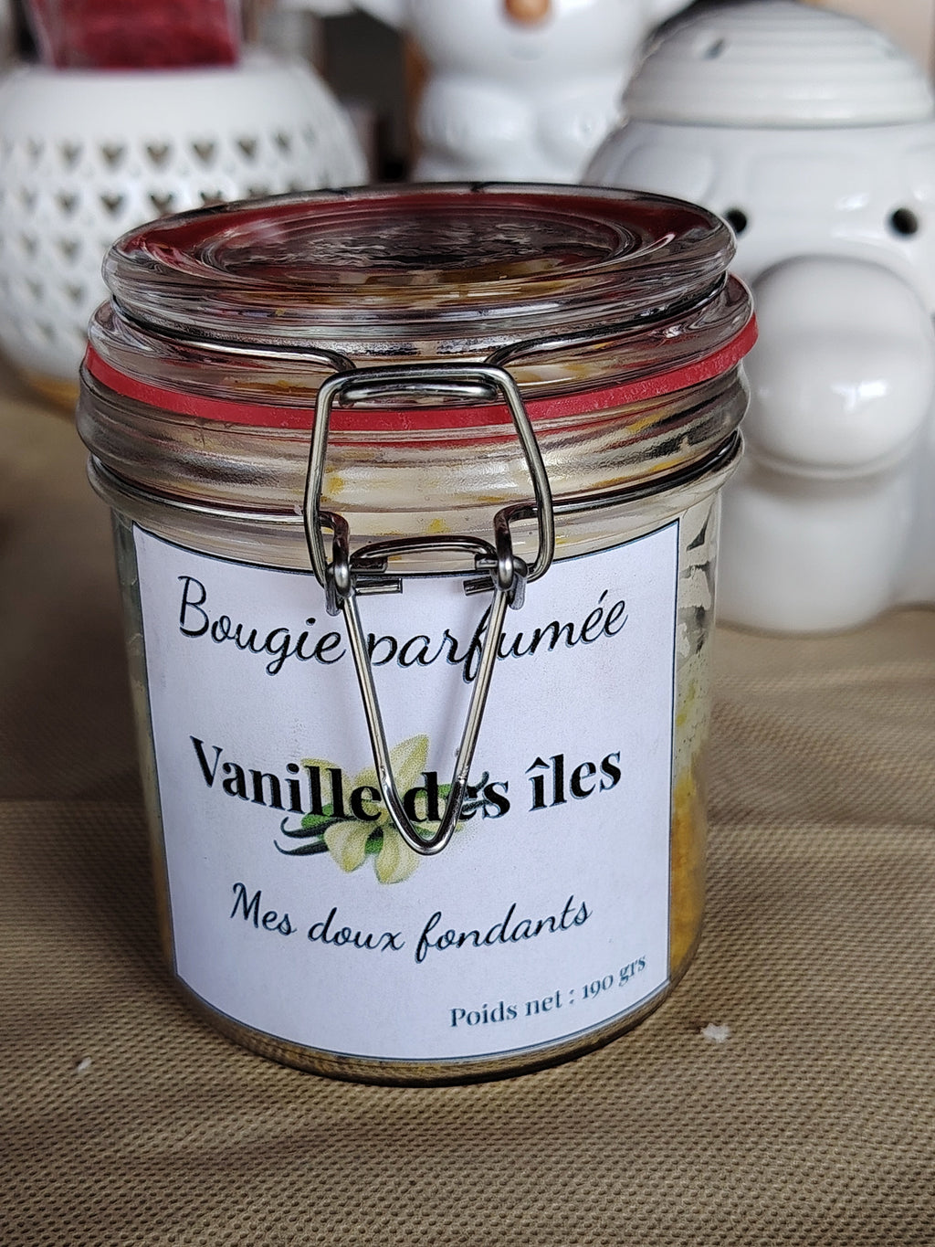 Bougie parfumée gourmande Vanille des Îles en bocal en verre – Mes Doux Fondants, poids net 190g