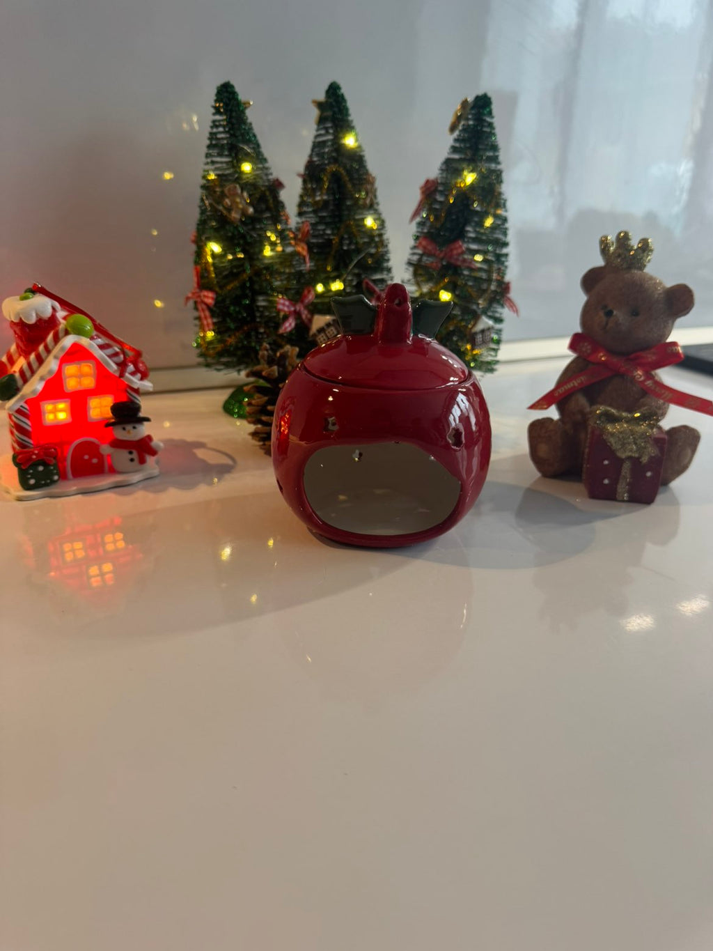 Brûle-Parfum Boule de Noël Rouge avec Houx