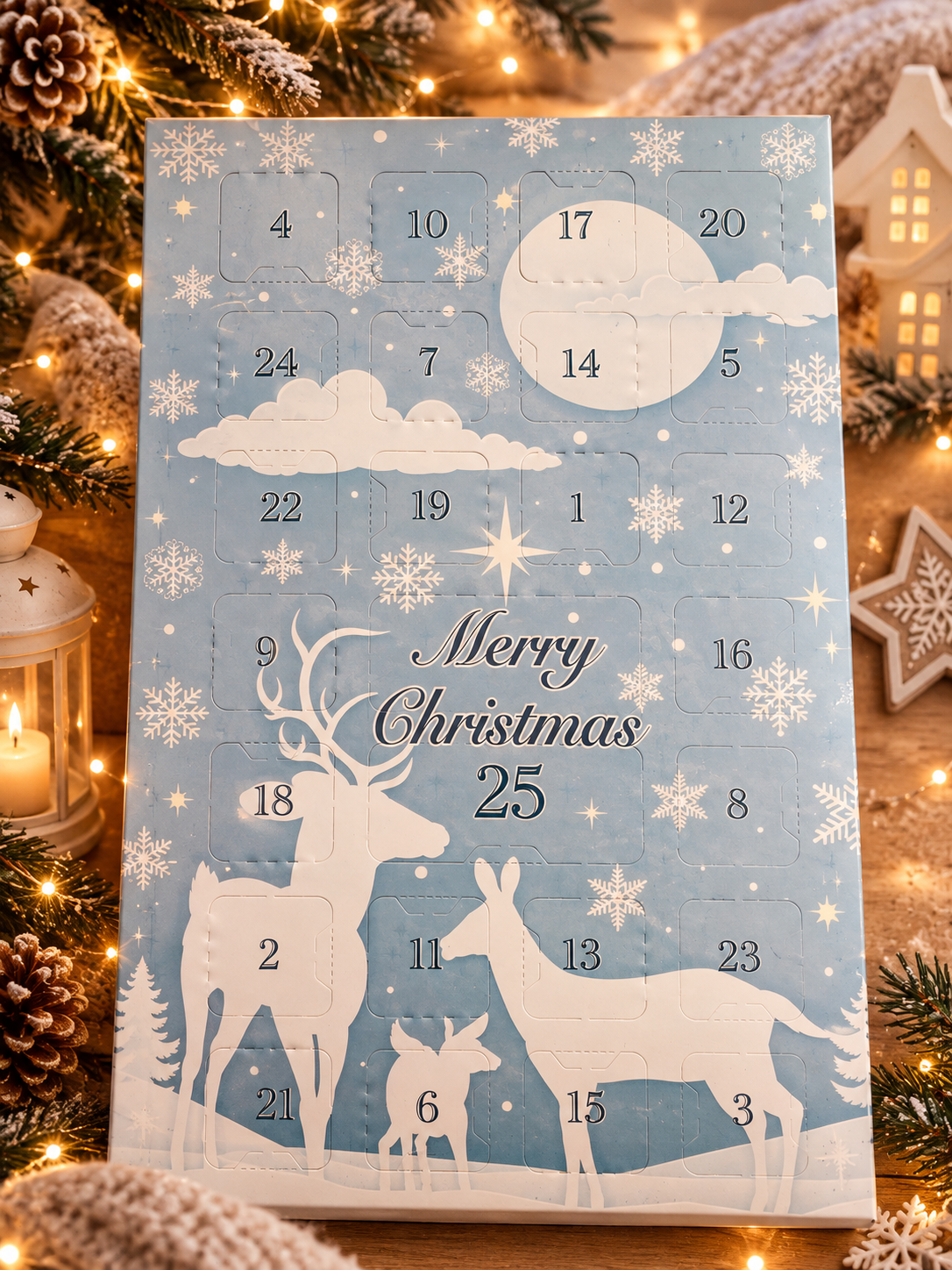 Calendrier de l’Avent bleu en fondants parfumés décoré de flocons et de cerfs blancs