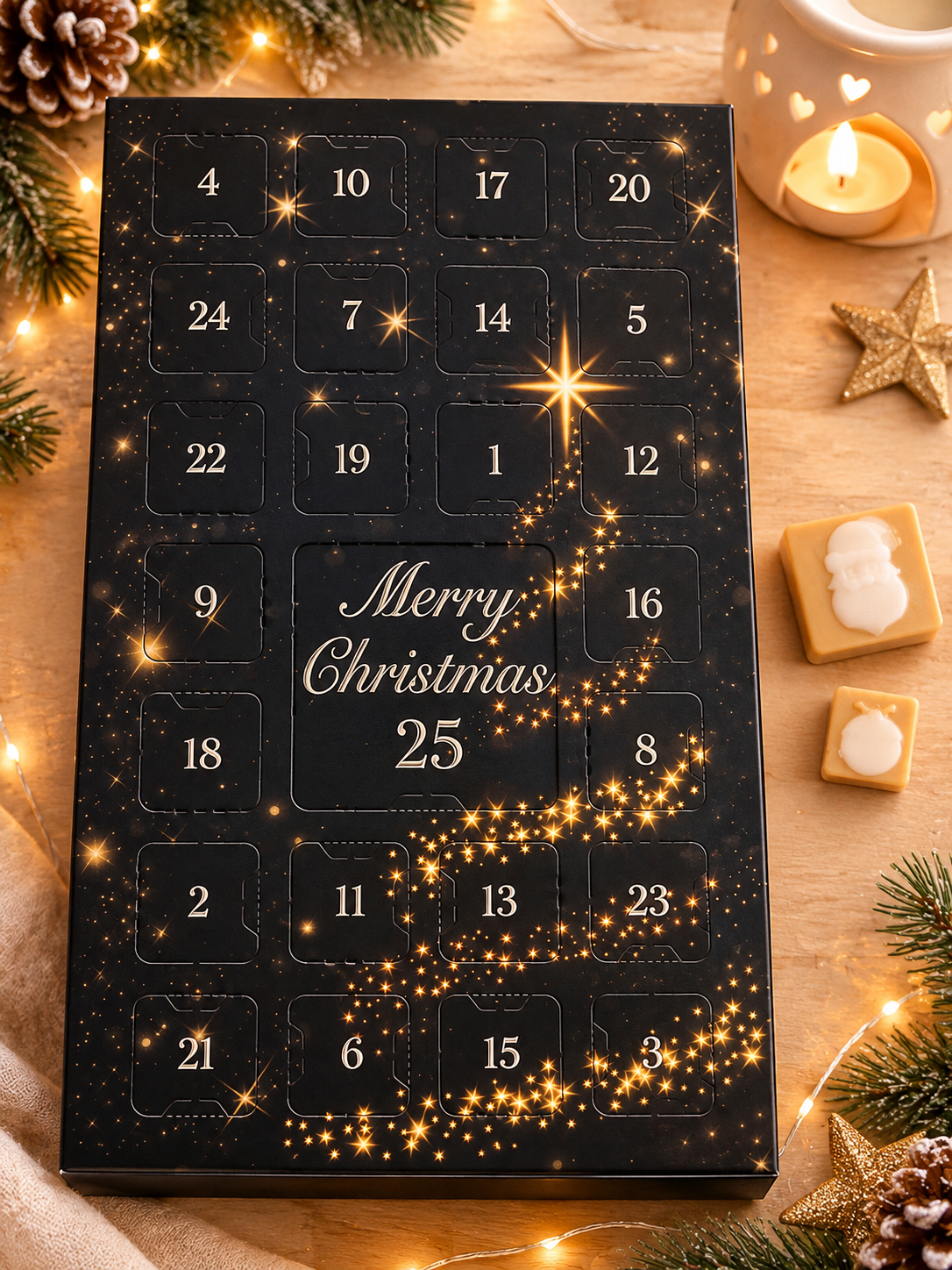 Calendrier de l’Avent noir en fondants parfumés décoré d’étoiles dorées